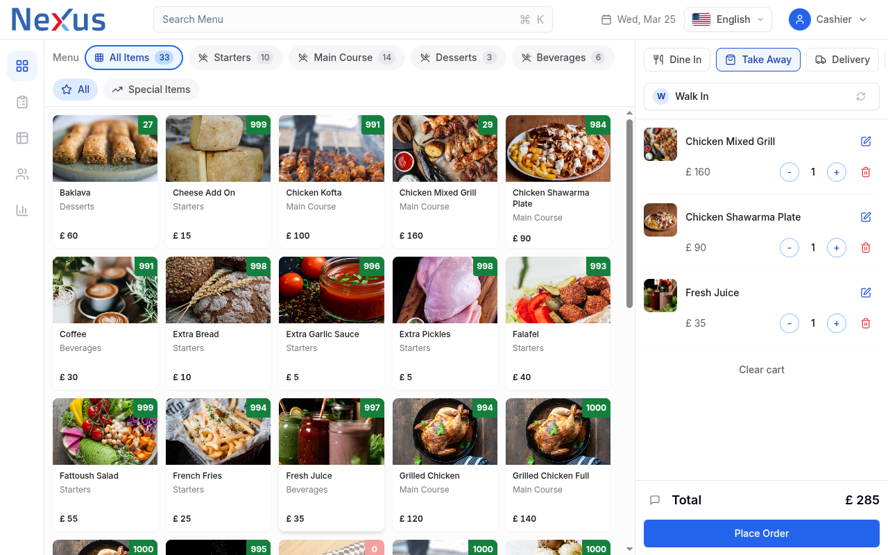 NexDine POS system — menu grid, order cart, and Arabic RTL interface